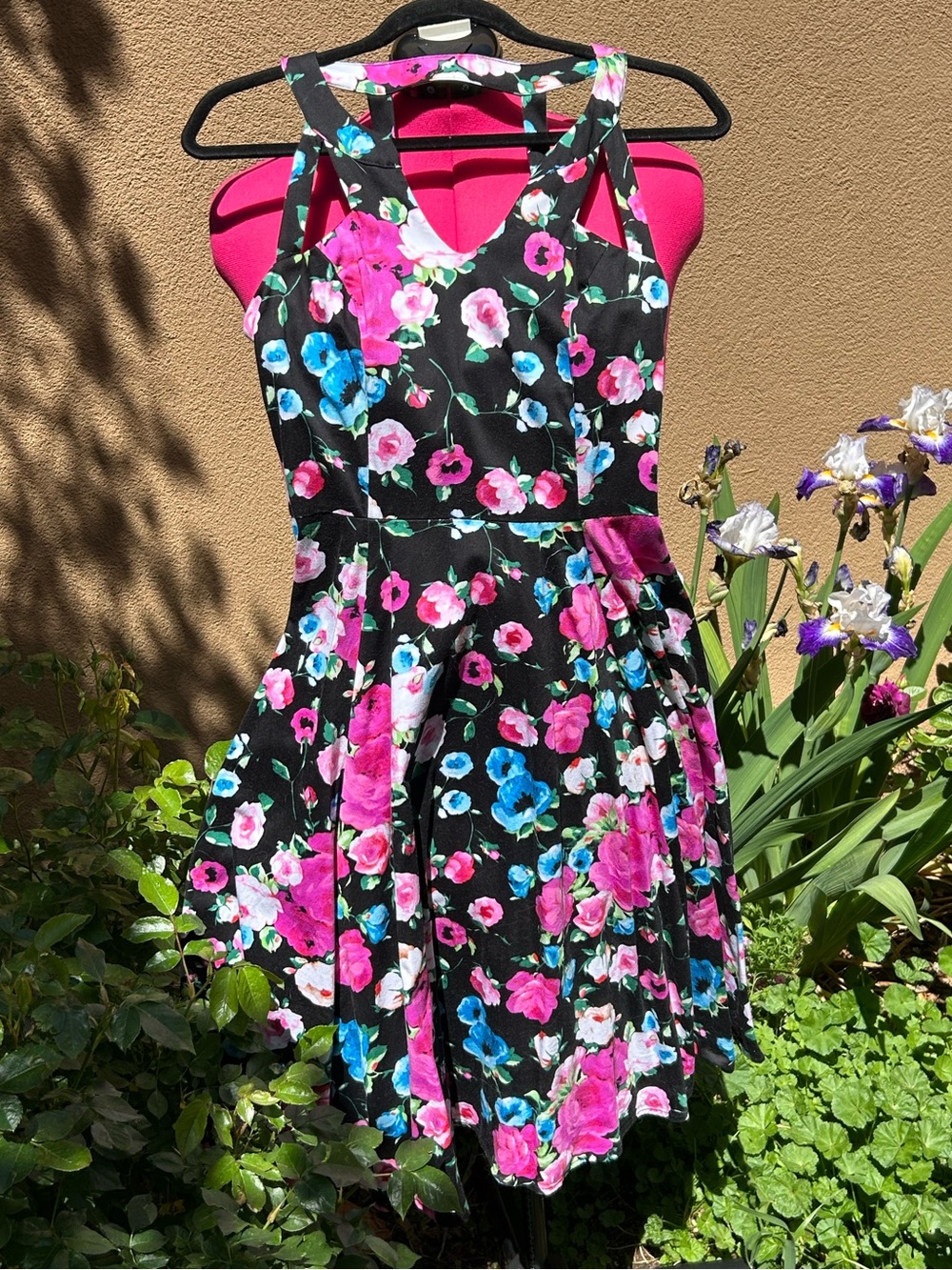 Hearts & Roses Black Floral Dress with Pink & Blue Flowers